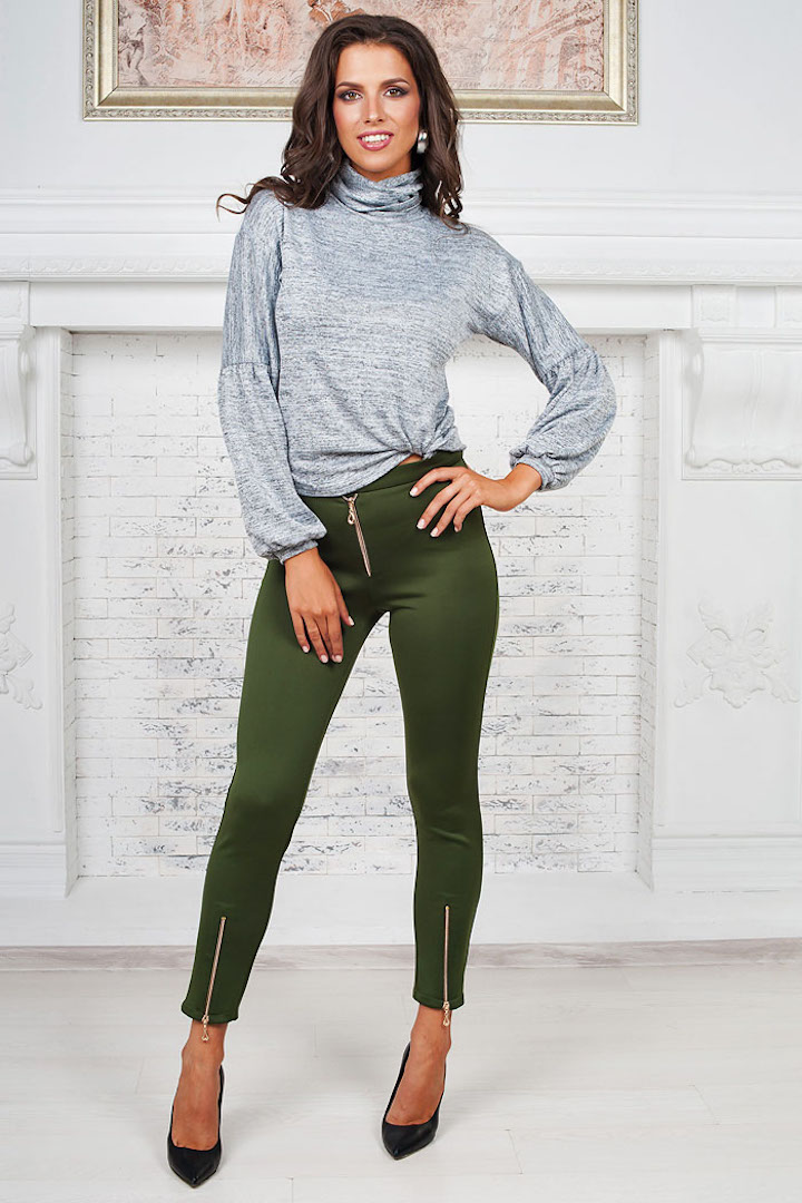 Фото товара 17922, оливковые легинсы с молнией